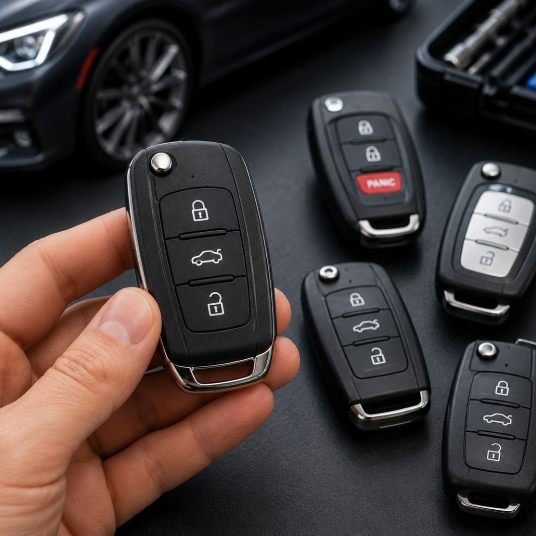 smart key vs remote key vs transponder key, a range of car keys laid out