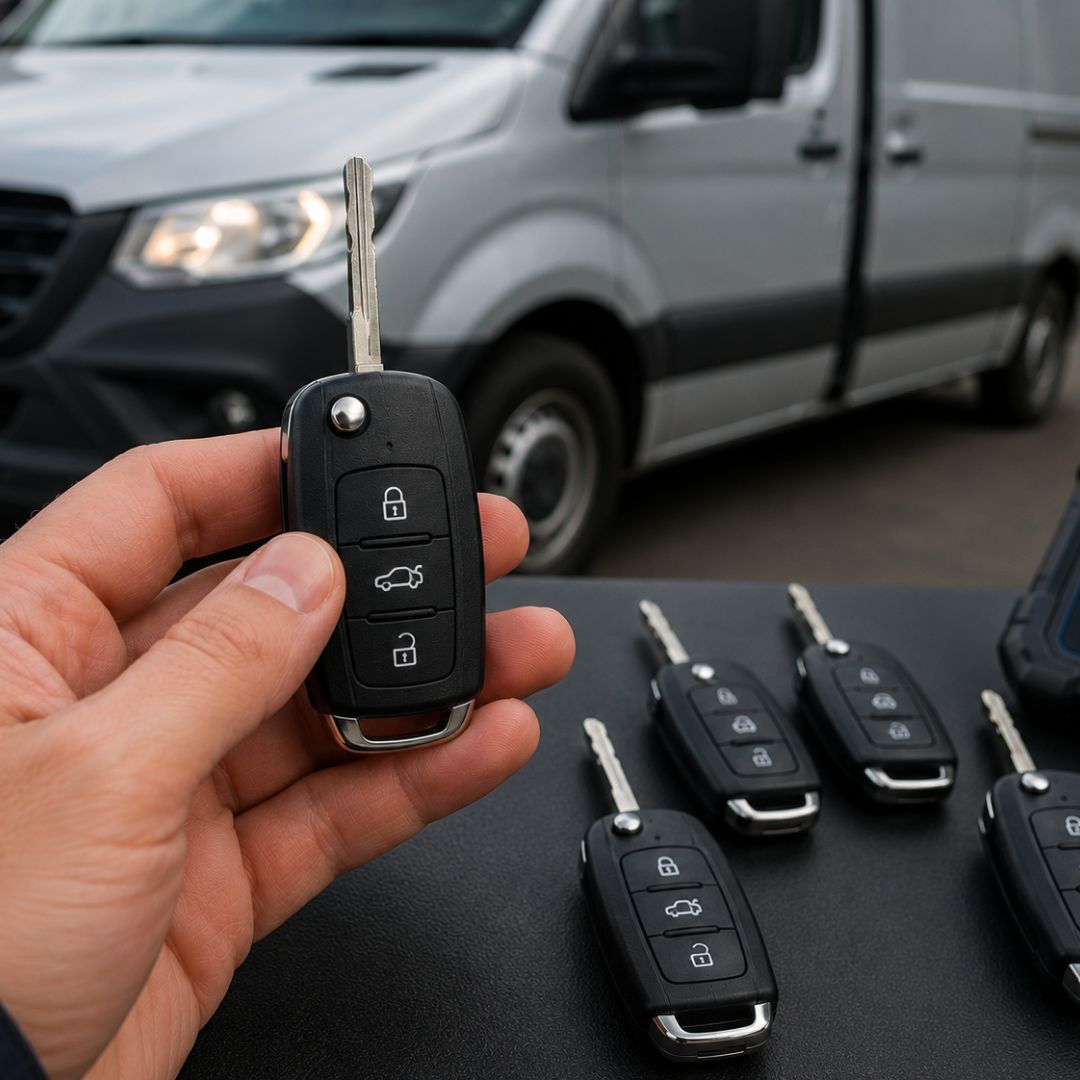 Key Fob Replacement Cost key fob replacement cost, smart key held in front of a van