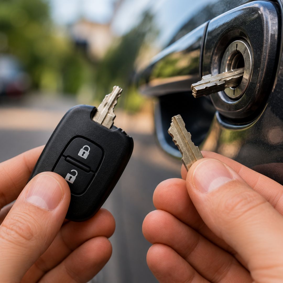 Key Not Detected Warning on Keyless Cars key not detected warning, hand holding a smart key beside a car